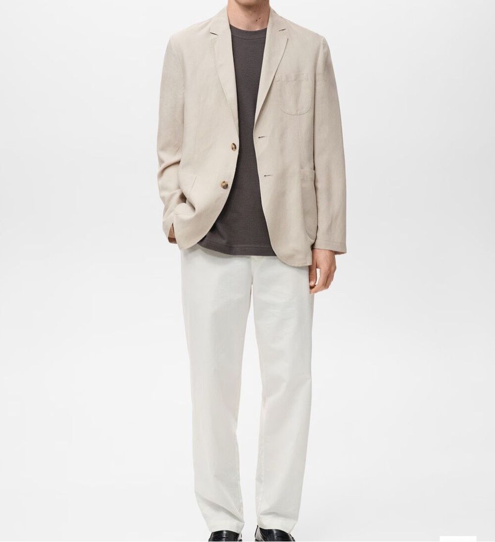 MNG by MANGO $250 Delave Smart Slim Fit Linen Lyocell Blazer Ecru Mens 46 NEW